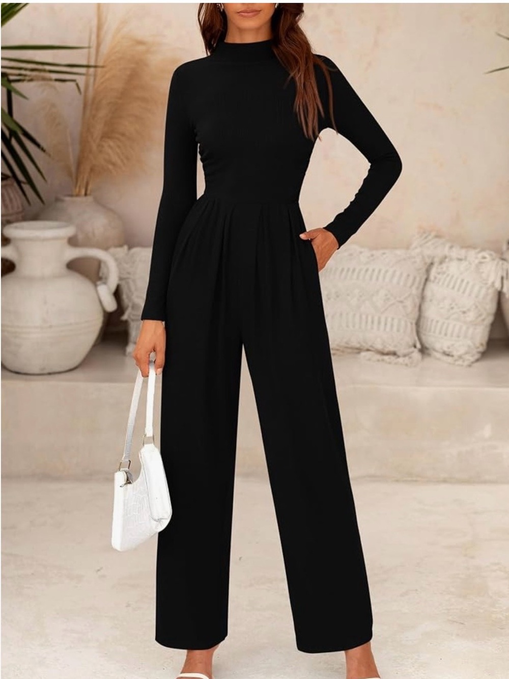 Elegant Black Long-Sleeve Wide-Leg Jumpsuit
